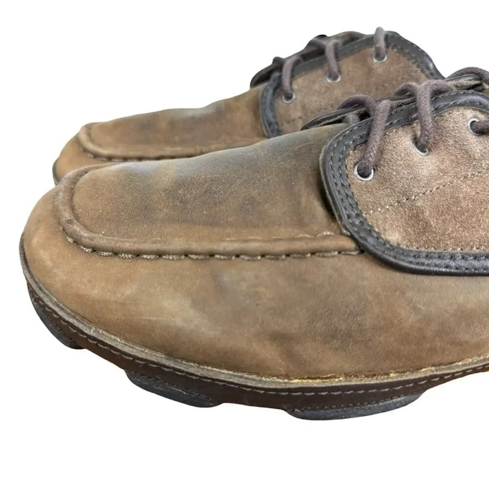 Olukai Kupa'a Kupaa Brown Suede Leather Nubuck Lace Up Drop Heel Shoes sz 11.5